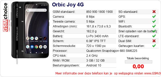Orbic Joy 4G Technische gegevens Orbic Joy 4G Technische gegevens