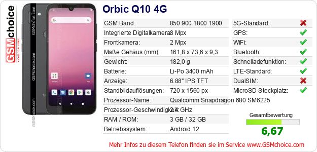Orbic Q10 4G technische Daten Orbic Q10 4G technische Daten