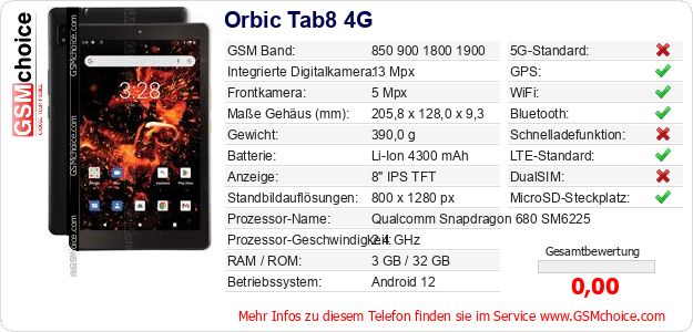 Orbic Tab8 4G technische Daten Orbic Tab8 4G technische Daten