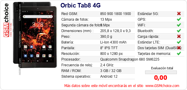 Orbic Tab8 4G Datos técnicos del móvil Orbic Tab8 4G Datos técnicos del móvil