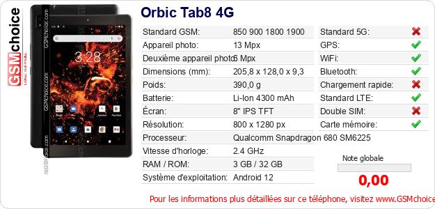 Orbic Tab8 4G Fiche technique Orbic Tab8 4G Fiche technique
