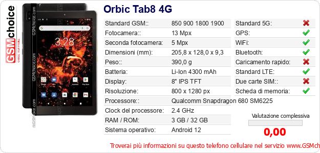 Orbic Tab8 4G Dati tecnici di telefono cellulare Orbic Tab8 4G Dati tecnici di telefono cellulare