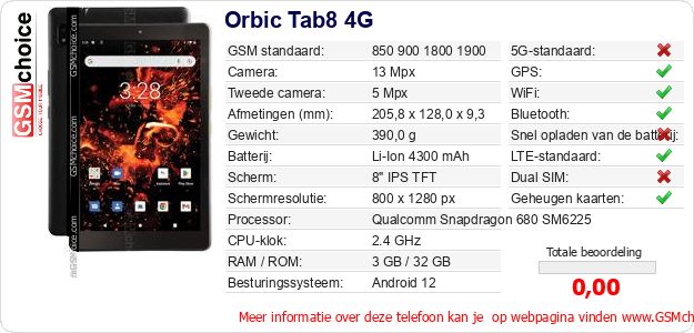 Orbic Tab8 4G Technische gegevens Orbic Tab8 4G Technische gegevens