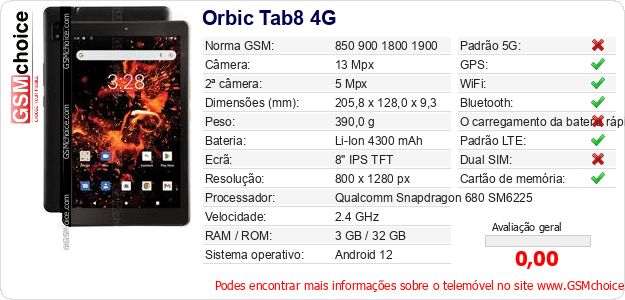 Orbic Tab8 4G Especificações técnicas do telemóvel Orbic Tab8 4G Especificações técnicas do telemóvel