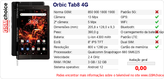 Orbic Tab8 4G Especificações técnicas do telemóvel Orbic Tab8 4G Especificações técnicas do telemóvel