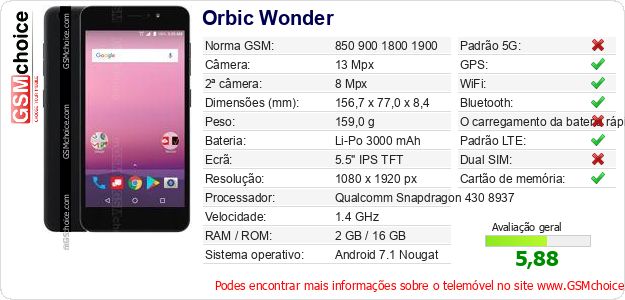 Orbic Wonder Especificações técnicas do telemóvel Orbic Wonder Especificações técnicas do telemóvel