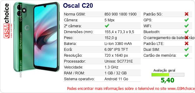 Oscal C20 Especificações técnicas do telemóvel Oscal C20 Especificações técnicas do telemóvel