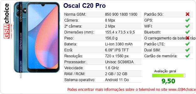 Oscal C20 Pro Especificações técnicas do telemóvel Oscal C20 Pro Especificações técnicas do telemóvel