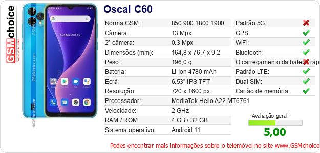 Oscal C60 Especificações técnicas do telemóvel Oscal C60 Especificações técnicas do telemóvel