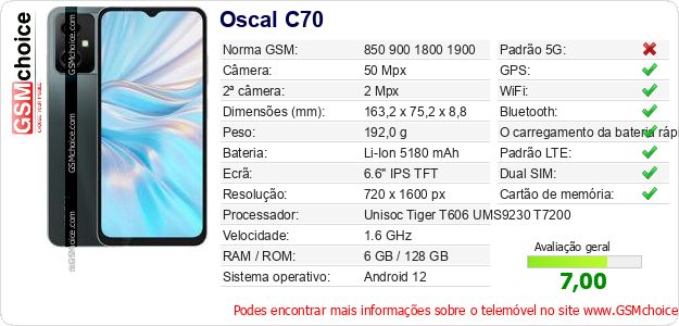Oscal C70 Especificações técnicas do telemóvel Oscal C70 Especificações técnicas do telemóvel