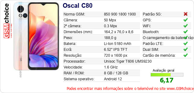 Oscal C80 Especificações técnicas do telemóvel 