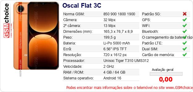 Oscal Flat 3C Especificações técnicas do telemóvel Oscal Flat 3C Especificações técnicas do telemóvel