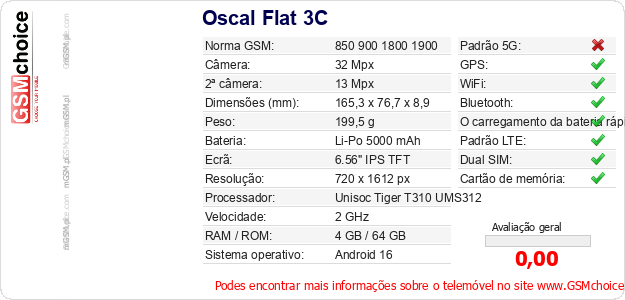 Oscal Flat 3C Especificações técnicas do telemóvel Oscal Flat 3C Especificações técnicas do telemóvel