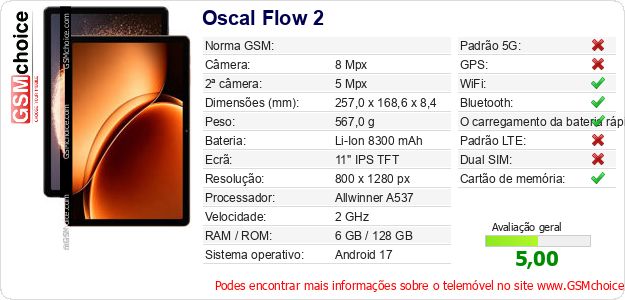 Oscal Flow 2 Especificações técnicas do telemóvel Oscal Flow 2 Especificações técnicas do telemóvel