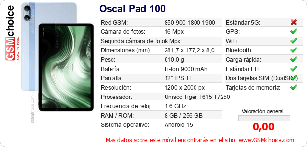 Oscal Pad 100 Datos técnicos del móvil 