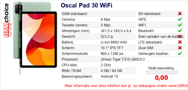 Oscal Pad 30 WiFi Technische gegevens 