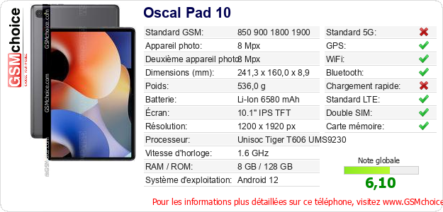 Oscal Pad 10 Fiche technique
