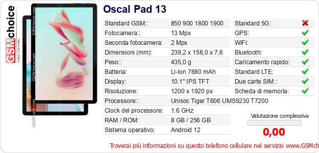 Oscal Pad 13 Dati tecnici di telefono cellulare Oscal Pad 13 Dati tecnici di telefono cellulare
