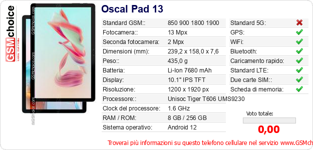Oscal Pad 13 Dati tecnici di telefono cellulare 