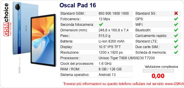Oscal Pad 16 Dati tecnici di telefono cellulare 