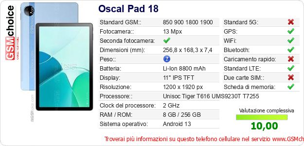 Oscal Pad 18 Dati tecnici di telefono cellulare 