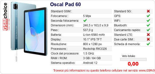 Oscal Pad 60 Dati tecnici di telefono cellulare 