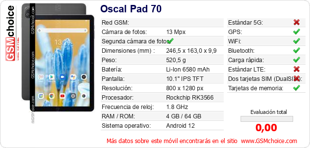 Oscal Pad 70 Datos técnicos del móvil 