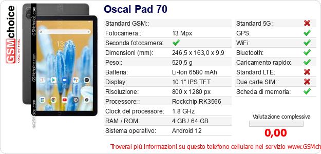 Oscal Pad 70 Dati tecnici di telefono cellulare Oscal Pad 70 Dati tecnici di telefono cellulare