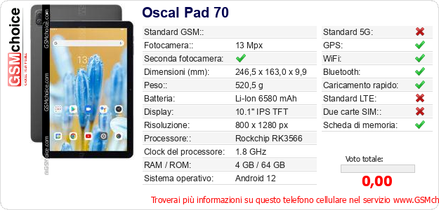 Oscal Pad 70 Dati tecnici di telefono cellulare 