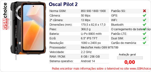 Oscal Pilot 2 Especificações técnicas do telemóvel 
