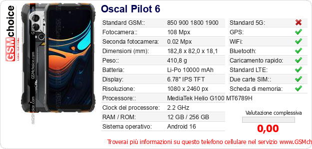 Oscal Pilot 6 Dati tecnici di telefono cellulare 