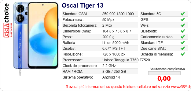 Oscal Tiger 13 Dati tecnici di telefono cellulare 