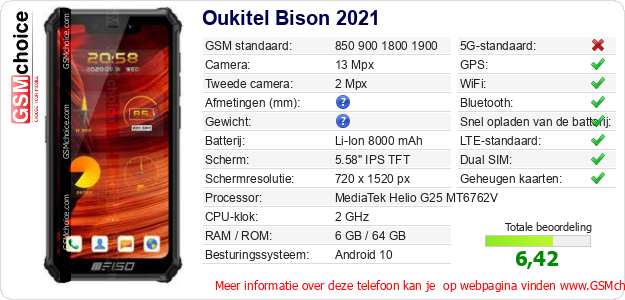 Oukitel Bison 2021 Technische gegevens Oukitel Bison 2021 Technische gegevens