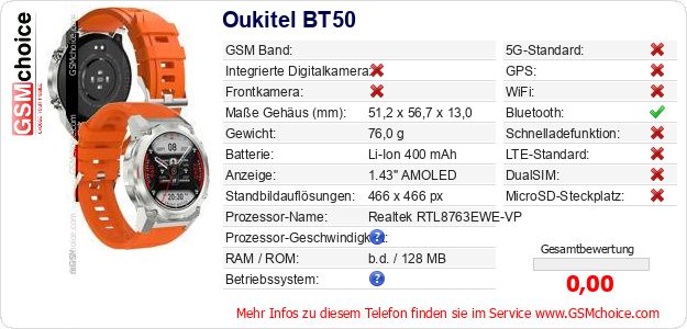Oukitel BT50 technische Daten Oukitel BT50 technische Daten