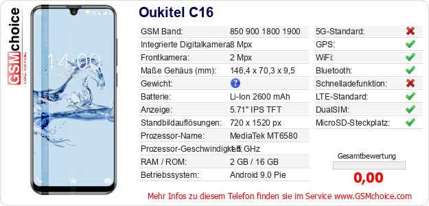 Oukitel C16 technische Daten Oukitel C16 technische Daten