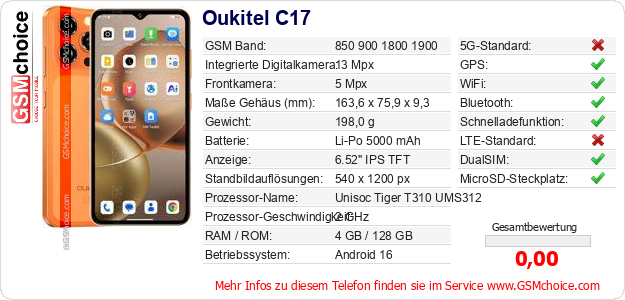 Oukitel C17 technische Daten Oukitel C17 technische Daten