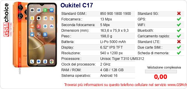 Oukitel C17 Dati tecnici di telefono cellulare Oukitel C17 Dati tecnici di telefono cellulare