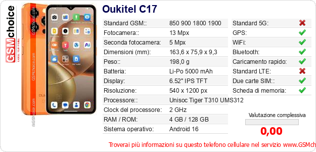Oukitel C17 Dati tecnici di telefono cellulare Oukitel C17 Dati tecnici di telefono cellulare