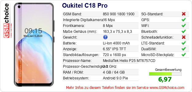 Oukitel C18 Pro technische Daten Oukitel C18 Pro technische Daten