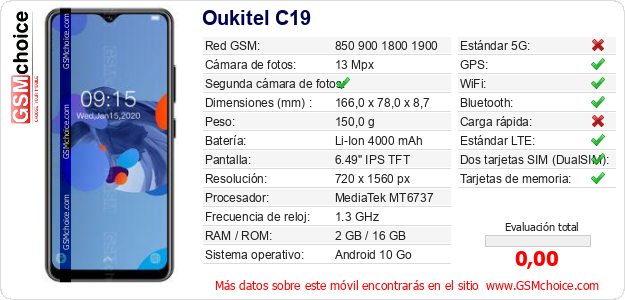 Oukitel C19 Datos técnicos del móvil 