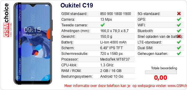 Oukitel C19 Technische gegevens 