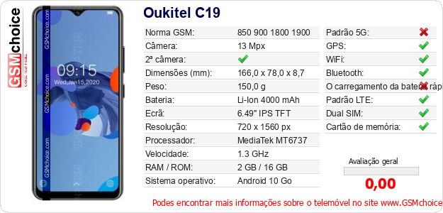 Oukitel C19 Especificações técnicas do telemóvel Oukitel C19 Especificações técnicas do telemóvel