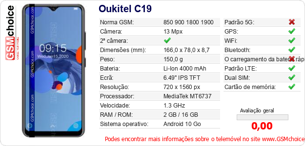 Oukitel C19 Especificações técnicas do telemóvel 