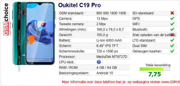 Oukitel C19 Pro Technische gegevens 