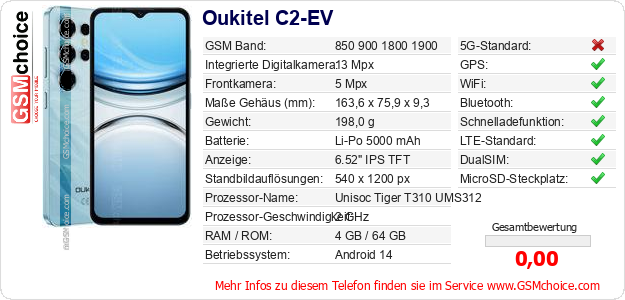 Oukitel C2-EV technische Daten Oukitel C2-EV technische Daten