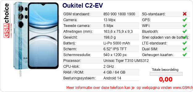 Oukitel C2-EV Technische gegevens 