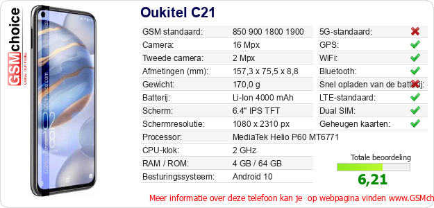 Oukitel C21 Technische gegevens Oukitel C21 Technische gegevens