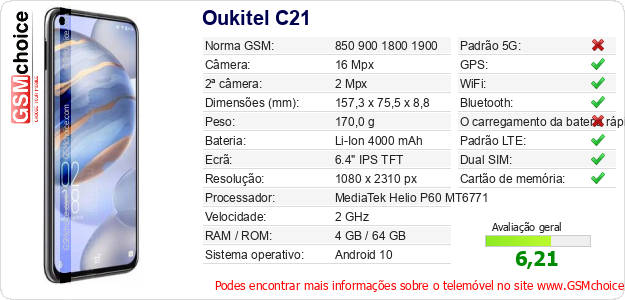 Oukitel C21 Especificações técnicas do telemóvel 