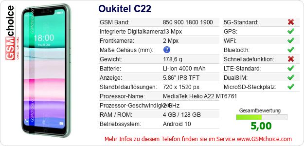 Oukitel C22 technische Daten Oukitel C22 technische Daten