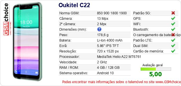 Oukitel C22 Especificações técnicas do telemóvel Oukitel C22 Especificações técnicas do telemóvel